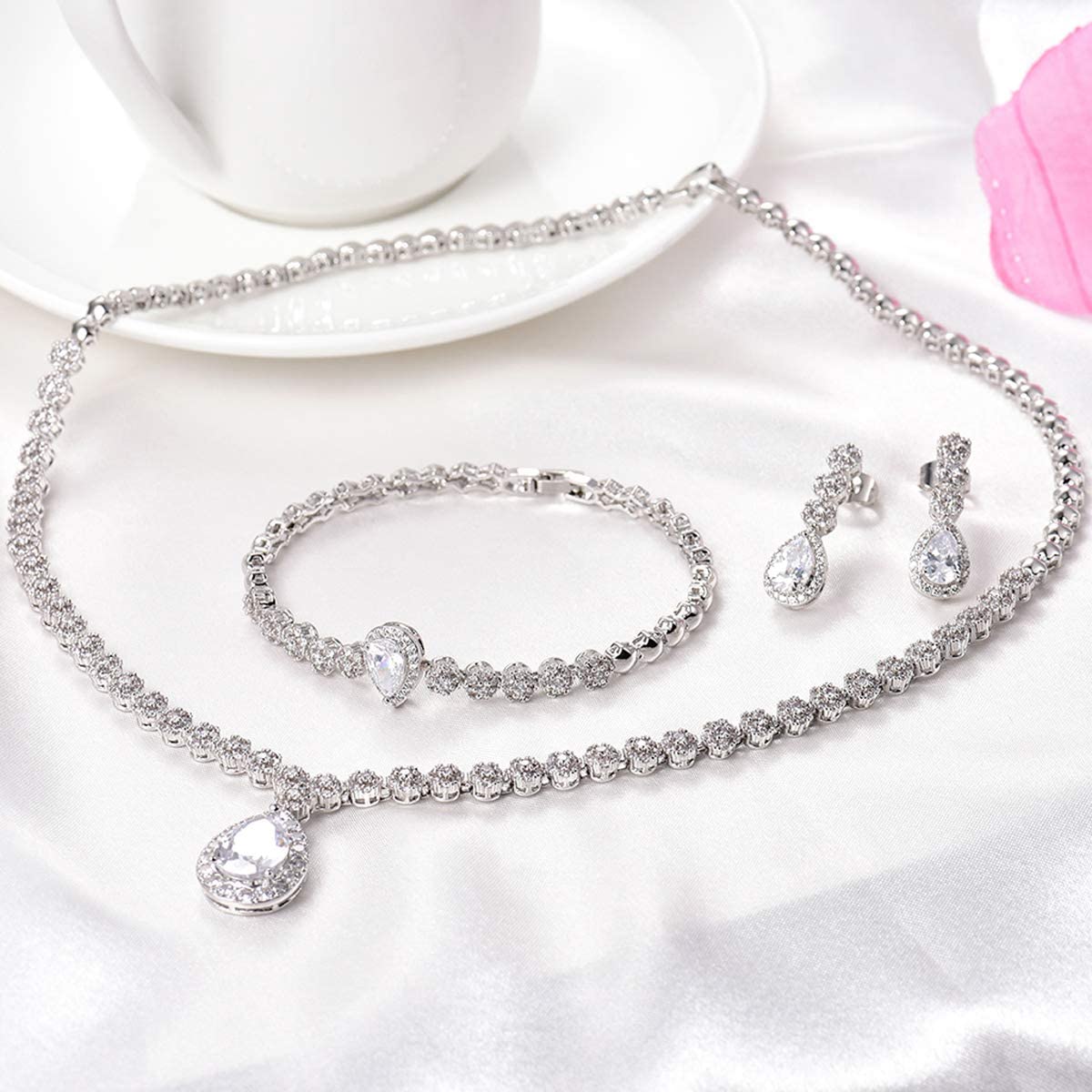 Hadskiss Jewelry Set for Women, Necklace Dangle Earrings Bracelet Set, White Gold Plated Jewelry Set with White AAA Cubic Zirconia, Allergy Free Wedding Party Jewelry for Bridal Bridesmaid - Image 4